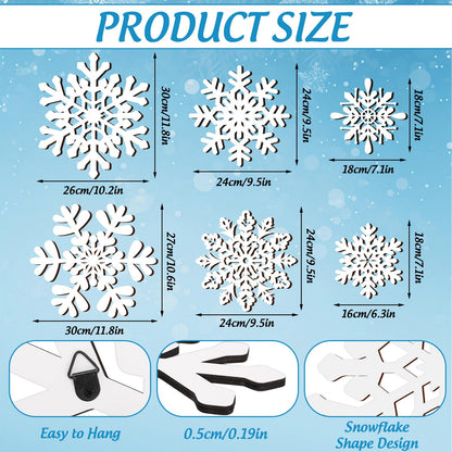 Whaline 6 Pcs Christmas Snowflake Wooden Wall Decor White Snowflake Shaped Wood Wall Art Sign with Hook for Home Farmhouse Xmas Winter Hanging Ornament