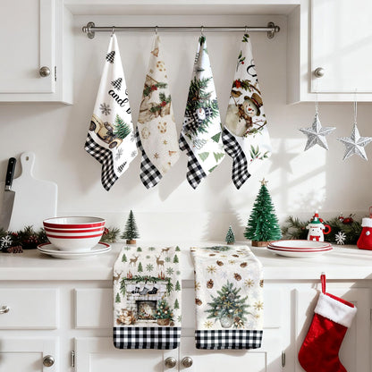 HEIFAM Green Xmas Christmas Kitchen Towels 6 Pcs, Christmas Hand Towel for Bathroom, Holiday Kitchen Towel, Snowman Tea Dish Towels, Snowflake Gloves Decor Gray Strips, Housewarming Gift, 17 X 26in