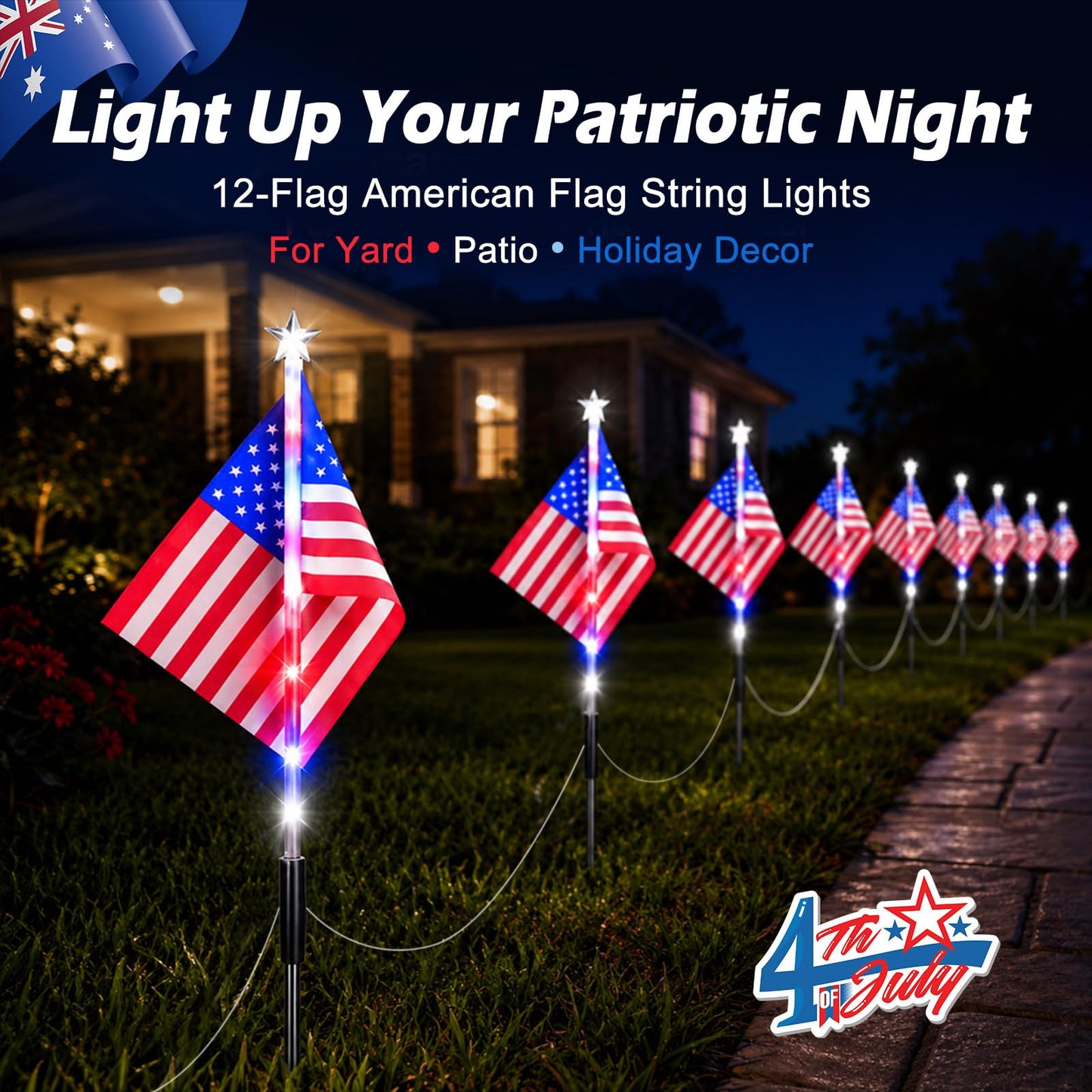 DTNESS 12 Pack 108 LED American Flag Pathway Lights, 4th of July Decoration Outdoor, Waterproof Patriotic USA Flag Stake Lights w/ 8 Modes, Red White Blue Lights for Memorial Day Independence Day