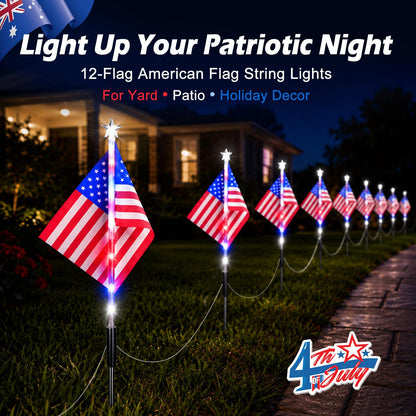 DTNESS 12 Pack 108 LED American Flag Pathway Lights, 4th of July Decoration Outdoor, Waterproof Patriotic USA Flag Stake Lights w/ 8 Modes, Red White Blue Lights for Memorial Day Independence Day