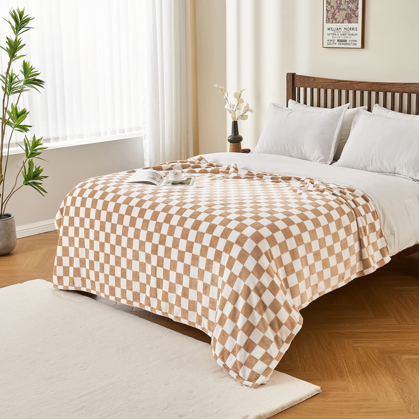 Edenleaf Checkered Blanket Flannel Throw Blankets Soft Cozy Checkered Grid Print Chessboard Gingham Pattern Throws for Bed Sofa Couch for All Seasons, 50x60 Inch, Blonde