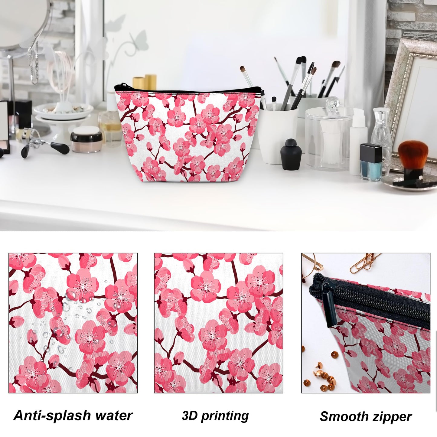 DEMACYA Cherry Blossom Makeup Bag for Purse, Waterproof Funny Japanese Pink Sakura Cosmetic Bag for Women, Zipper Travel Pouch Gift 9.5×5.9 Inch