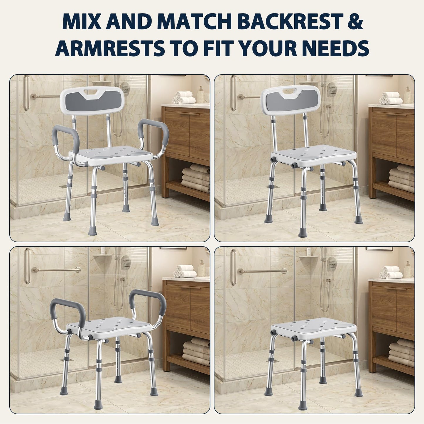 UNILEAF Shower Chair For Inside Shower With Arms And Back, Adjustable Height Shower Chair For Elderly And Disabled Adults, 450 Lb Capacity, Non-Slip Shower Seat, Aluminum, White