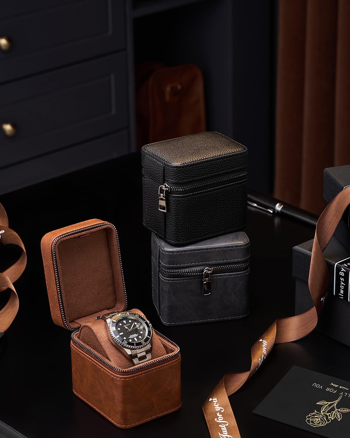 ProCase Single Watch Travel Case for Men, PU Leather Portable Watch Holder, Compact Small Carrying Storage Box for Luxury Watches & Smartwatches with Jewelry Compartment, Fathers Day Gift -Brown