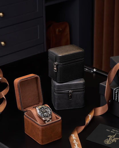 ProCase Single Watch Travel Case for Men, PU Leather Portable Watch Holder, Compact Small Carrying Storage Box for Luxury Watches & Smartwatches with Jewelry Compartment, Fathers Day Gift -Brown