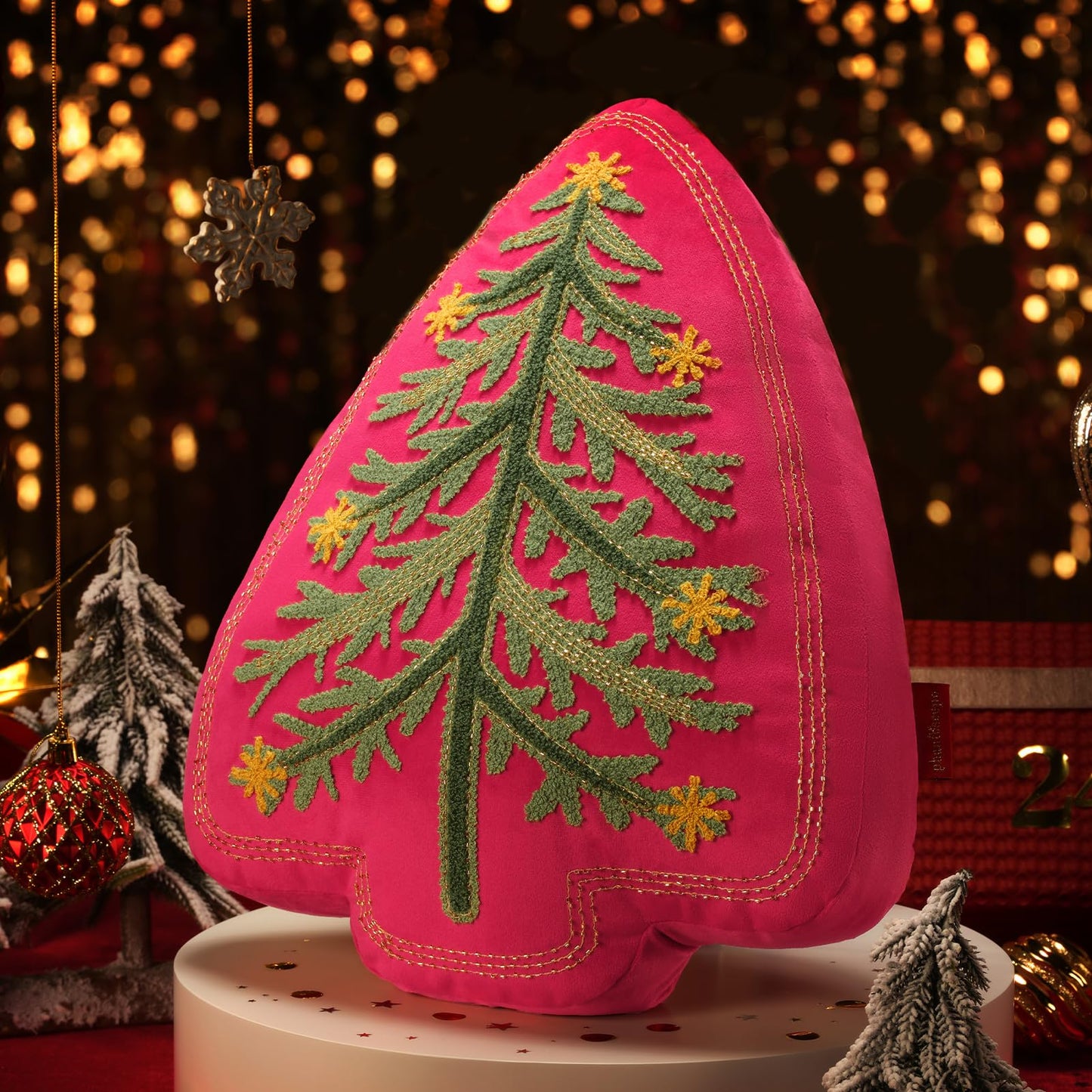 Phantoscope Merry Christmas Tree Decorative Throw Pillow, Velvet Beads Embroidery 3D Shaped Cushion, Suitable for Sofas, Living Rooms, and Beds, Red, 18 x 14 in