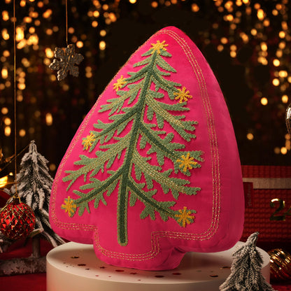 Phantoscope Merry Christmas Tree Decorative Throw Pillow, Velvet Beads Embroidery 3D Shaped Cushion, Suitable for Sofas, Living Rooms, and Beds, Red, 18 x 14 in
