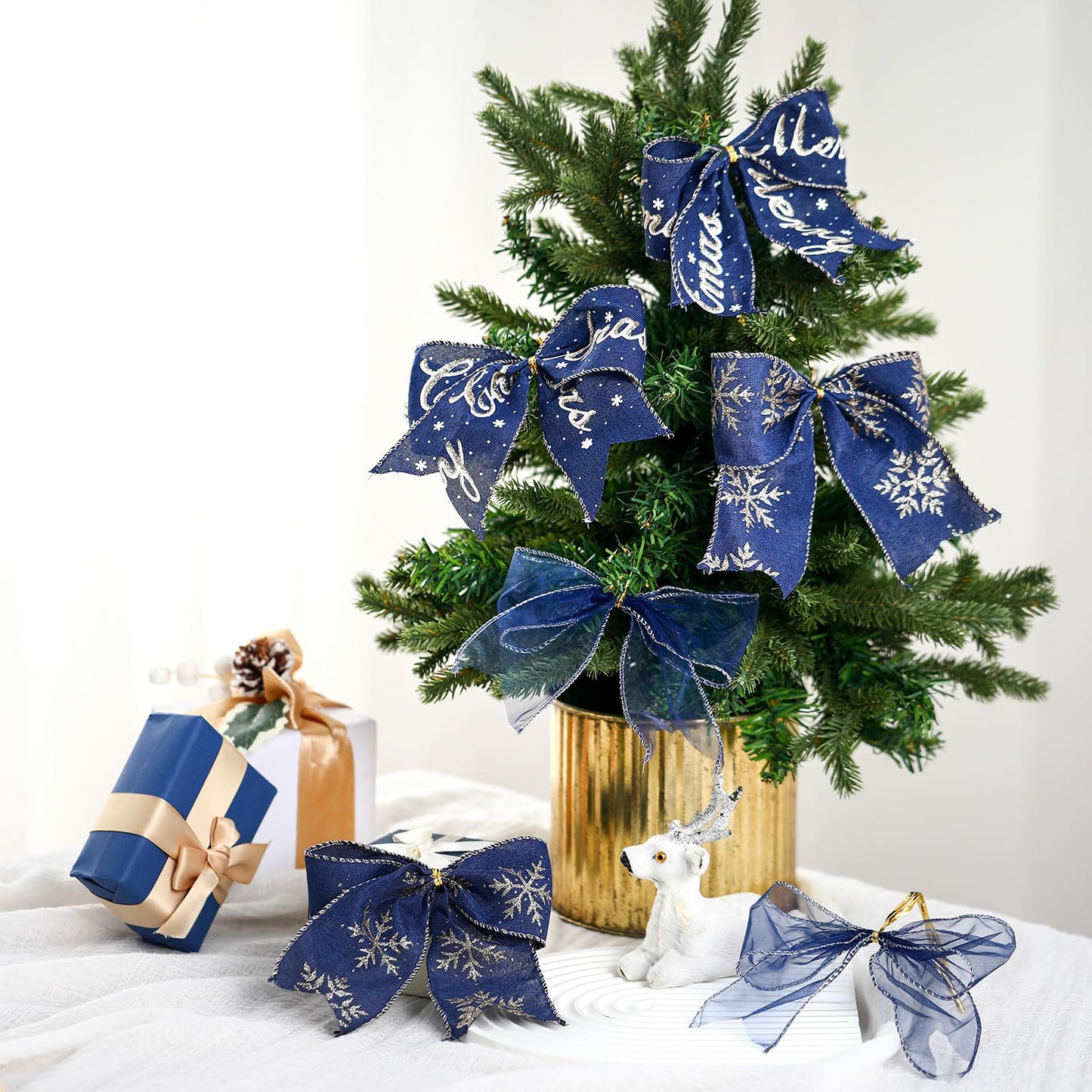 Norme 24 Pcs Navy Blue Christmas Ribbon Bows with Twist Tie Pretied Premade Navy Blue and Gold Ribbon Bows for Xmas Tree Wreath Garland Home Decor Indoor Outdoor Decorations
