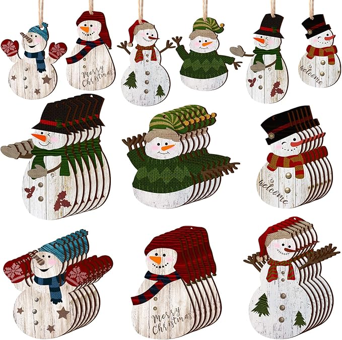 Weysat Snowman Christmas Tree Ornaments Decorations Christmas Tree Wooden Hanging Ornaments Winter Snowman Hanging Ornament with Lanyard for Xmas Holiday Party Favor Supplies(36 Pcs)