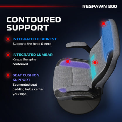 RESPAWN 800 Gaming Chair - Swivel Rocker With High Back, Ergonomic Floor Design for Kids and Adults, Recliner With Armrests - Grey Fabric