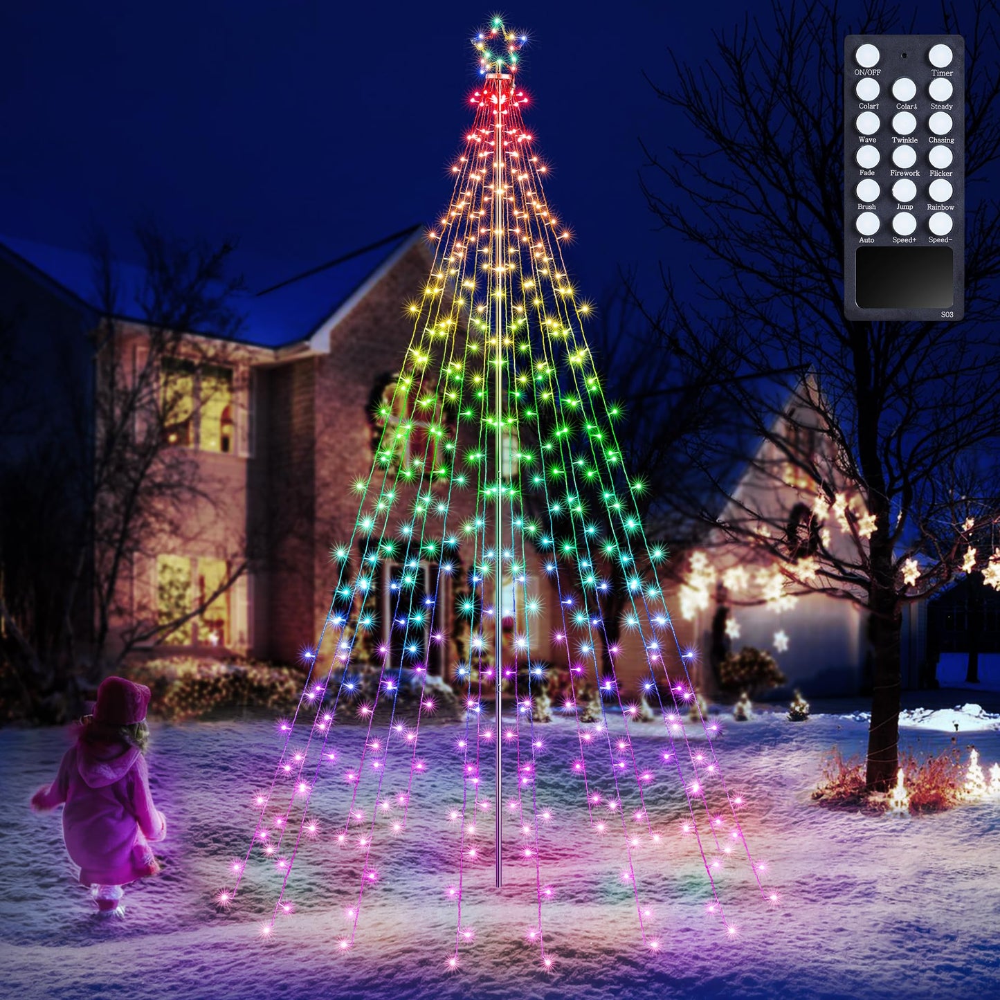 Flacchi Outdoor Star String Lights - Pole Set with Remote, Multiple Lighting Modes, Timer, and Waterproof Feature for Ultimate Holiday Decor (RGB, 10 FT/408LED)