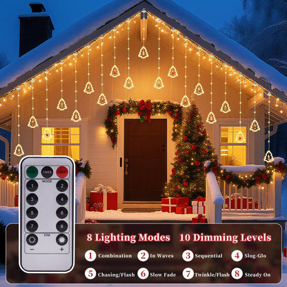 BomKra Christmas Tree Curtain Lights, Christmas Window Lights Decor with Remote,8 Lighting Modes, IP65 Waterproof, 10 Hooks Christmas Decorations Indoor Outdoor for Bedroom Party Wall Door Window