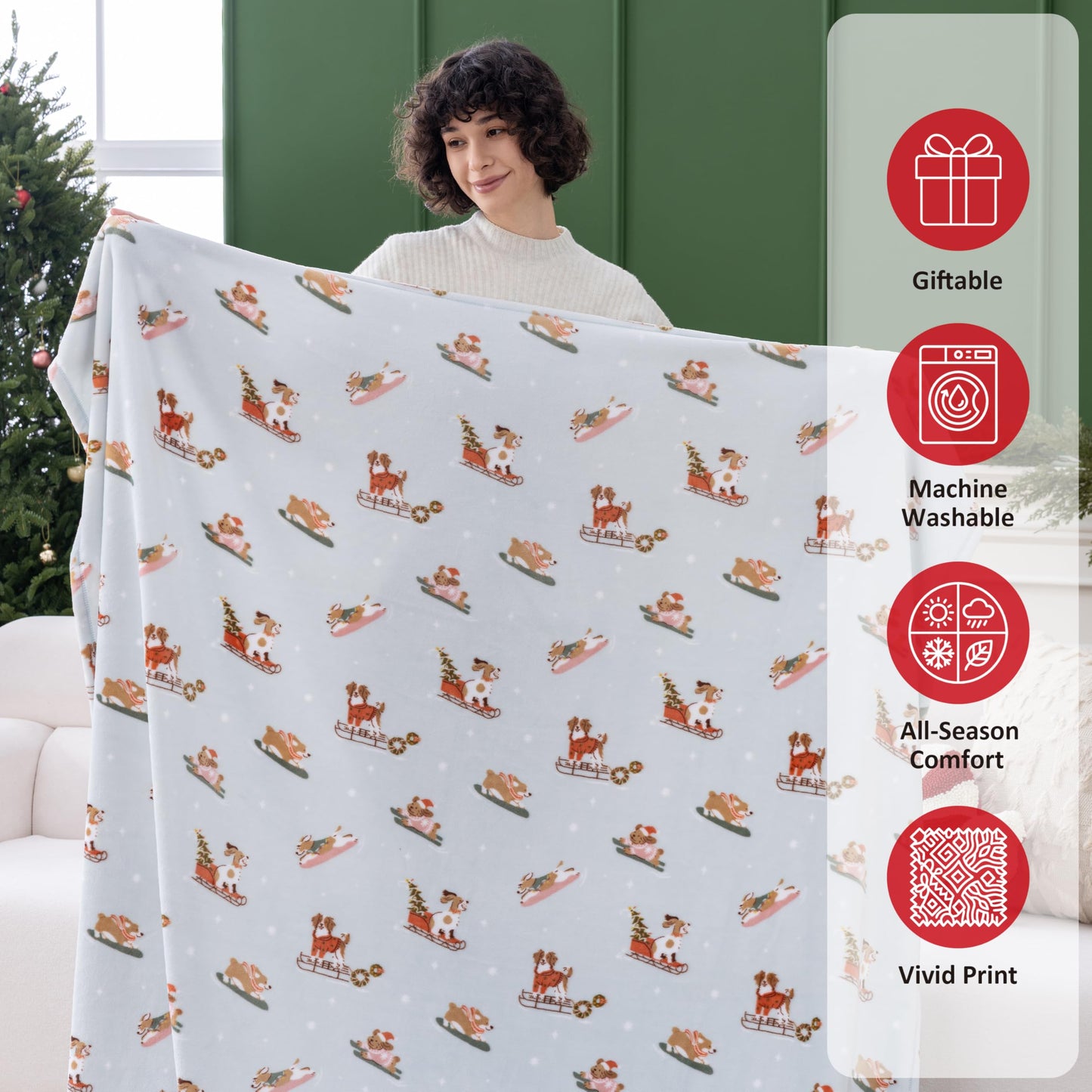 Sushing Christmas Printed Fleece Throw, Soft Plush Warm Festive, Cozy Couch Decor, 60"× 70", Skating Dogs