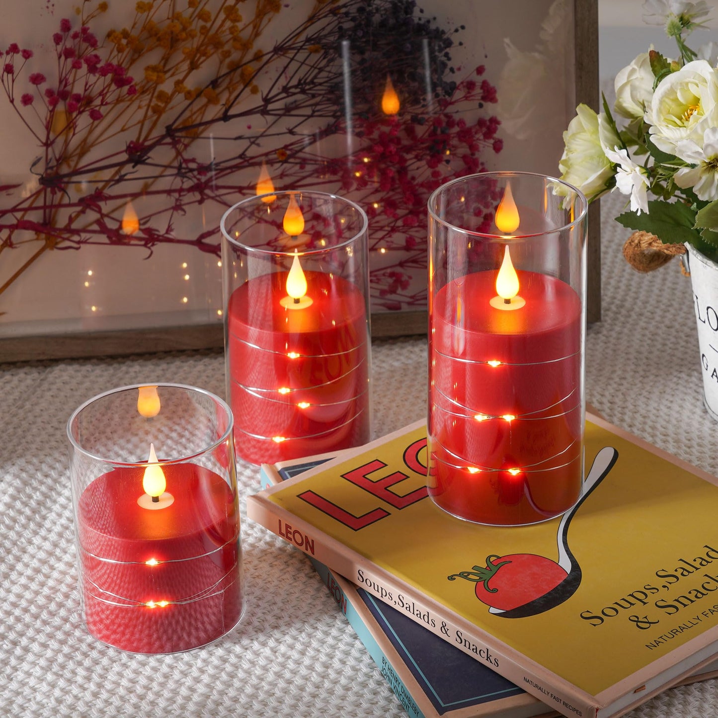 Da by 3 Pack Red Transparent Acrylic Flameless Taper Candles, Flickering Black Wick LED Candles with Fairy String Lights, Heat Resistant ABS Candles with Remote for Indoor Outdoor Decor