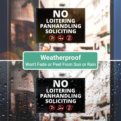 Super Sticky, 3 in 1 Design, No Soliciting, No Loitering and No Panhandling Sticker With Infographics, Weatherproof for Indoor or Outdoor Use, 5in x 7in Size is Perfect Sign for any Business or Office