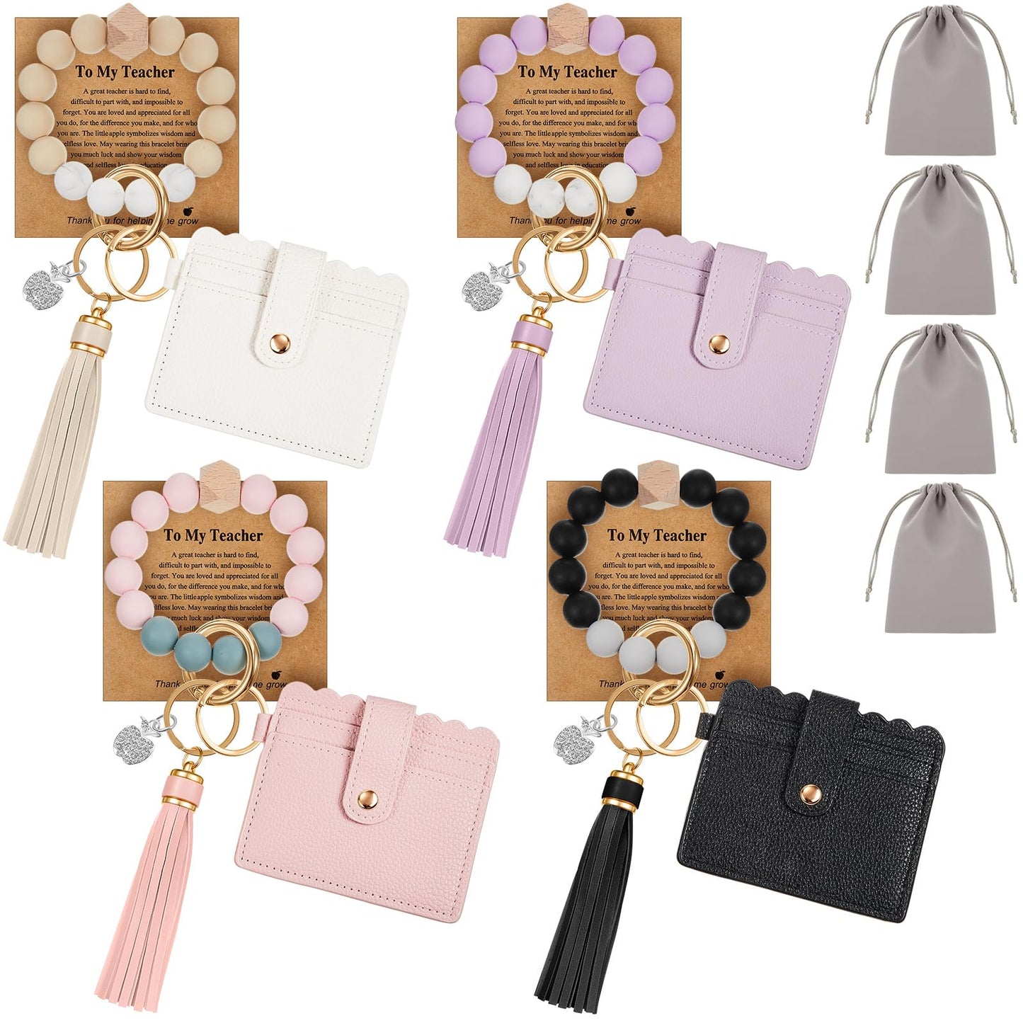 Landical 1/4/6 Set Teacher Appreciation Gift Bulk Wristlet Keychain Bracelet for Women Car Key Chain Thanks Card Giit Bags(Card Holder,Vibrant,4 Sets)