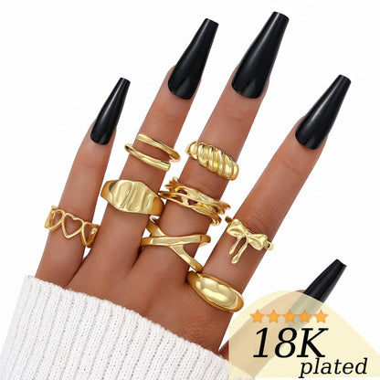 FAXHION 12PCS Gold Stackable Rings Set for Women, 18K Gold Plated Open Stacking Knuckle Ring, Adjustable Chunky Signet Band Statement Ring for Gift