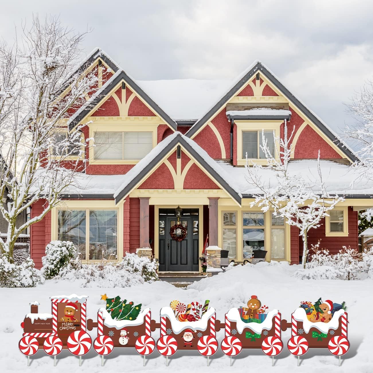 5Pcs Train Christmas Decorations Outdoor, X-mas Train Yard Signs with 8 Stakes, Gingerbread Xmas Tree Lawn Signs, Waterproof Christmas Yard Decorations Outdoor