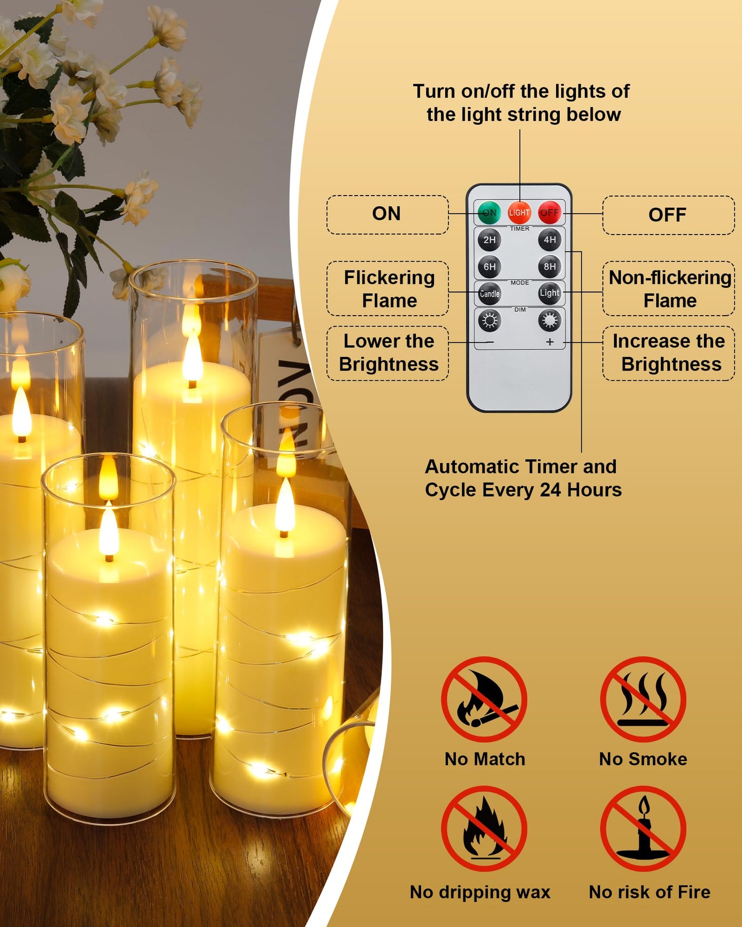 Enido 10 Pc Flameless LED Candles with Remote & Timer, Battery Operated Acrylic Pillar Set, Flickering Electric Lights with Embedded Star String for Cozy Home & Holiday Romantic Decor (Matte Clear)