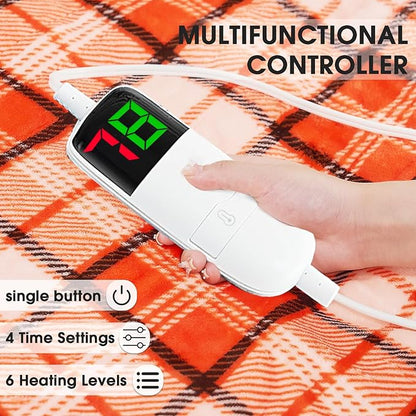 Heated Electric Blanket Full Size,72X84 Heating Blanket,Orange Plaid Soft Sherpa Blankets Warmer Gift for Grandma Women Adult,Fast Heating Washable