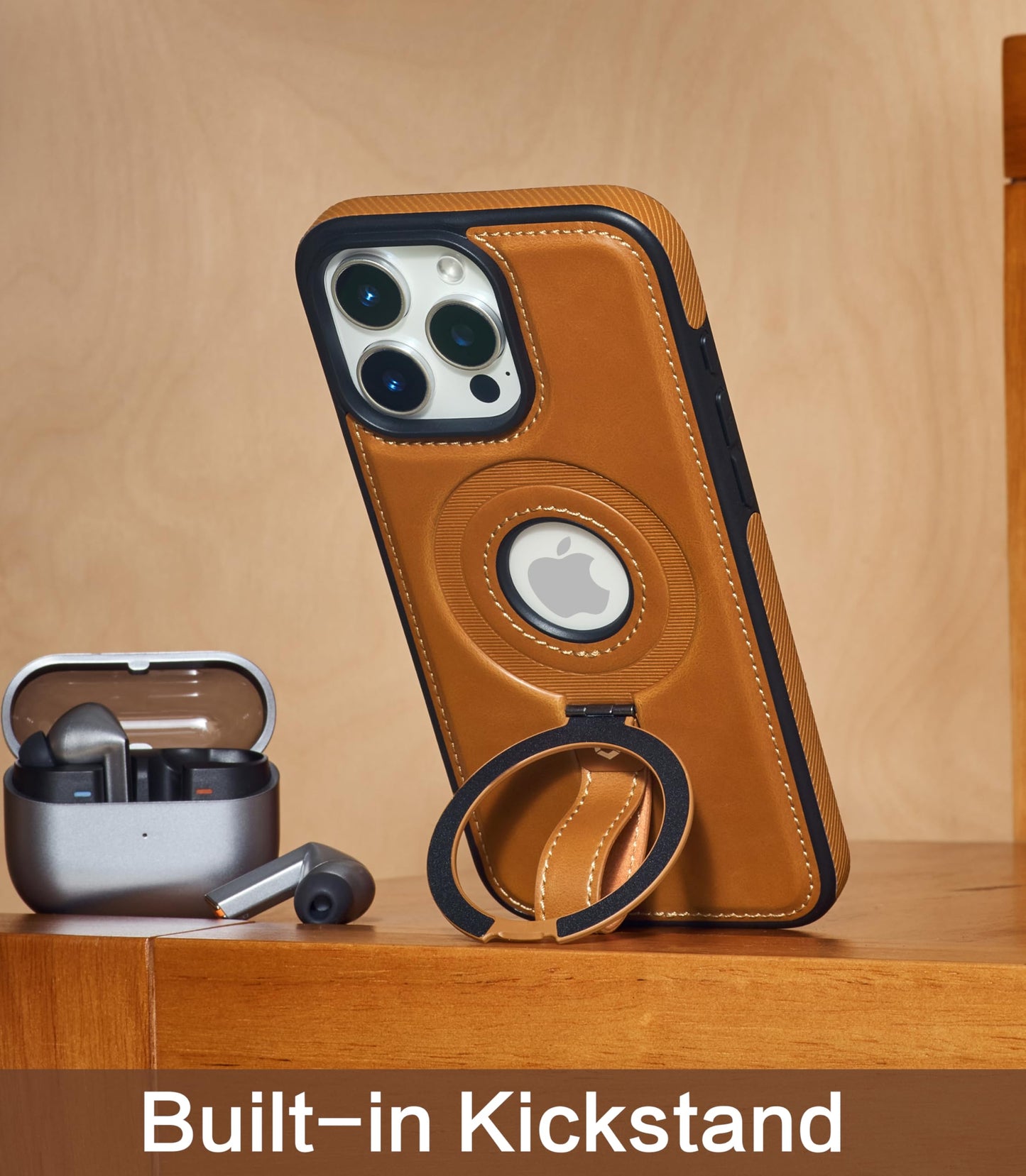 Butaiga for iPhone 16 Pro Max Leather Case with Stand, Anti-Slip Grip Ring, Fits for MagSafe (Brown, iPhone 16 Pro Max)