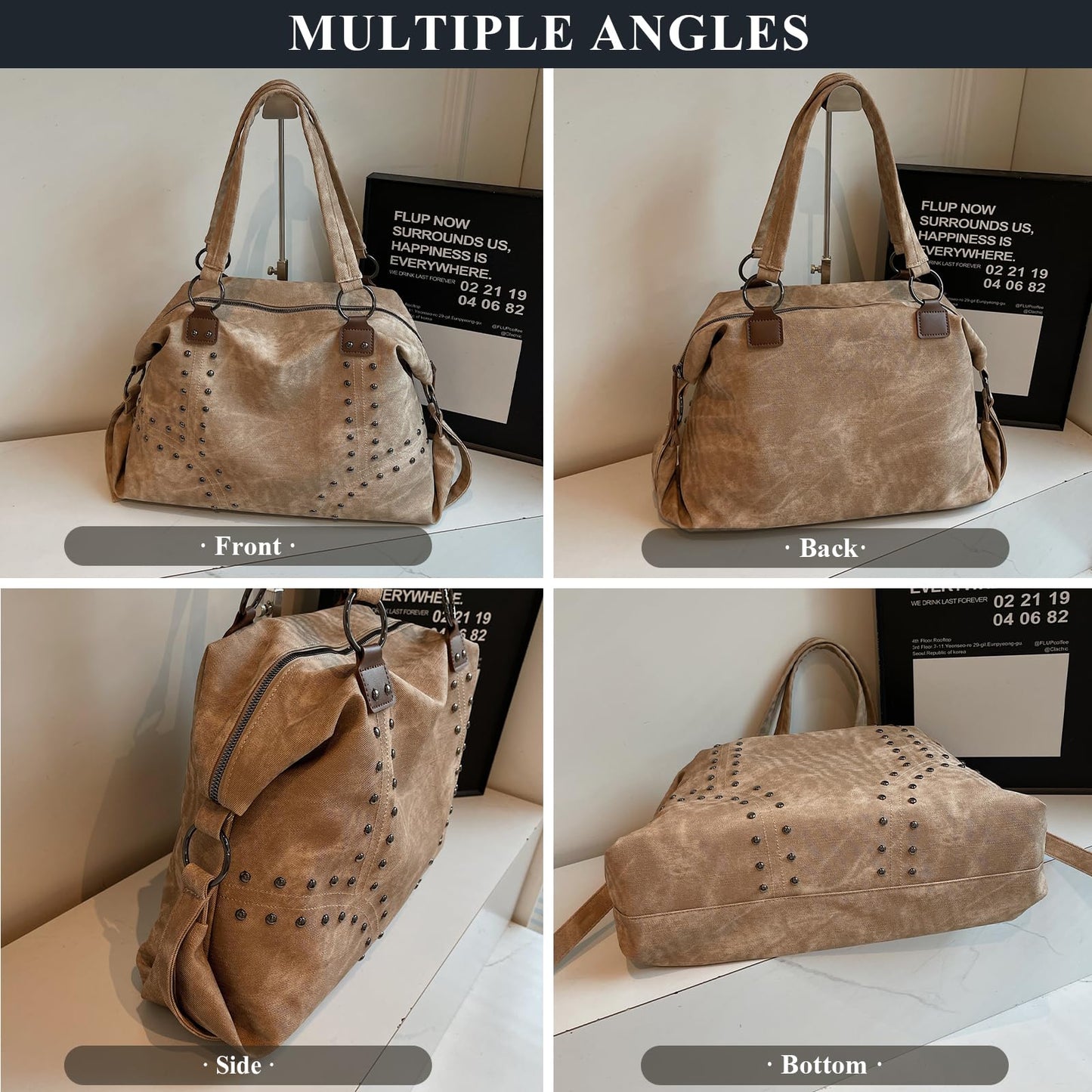 OWGSEE Studded Purse Trendy Faux Leather Studded Tote Handbag Top-Handle Hobo Bags Y2K Shoulder Bag Punk Purse for Women(Brown)