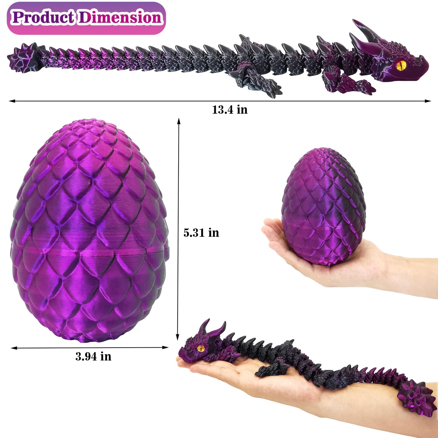 3D Printed Dragon Eggs with Dragon Inside, Large Articulated Dragons Toys with Eyes, Easter Basket Essentials Stuffers Surprise Eggs Home Decor Executive Desk Toy (Purple+Black)