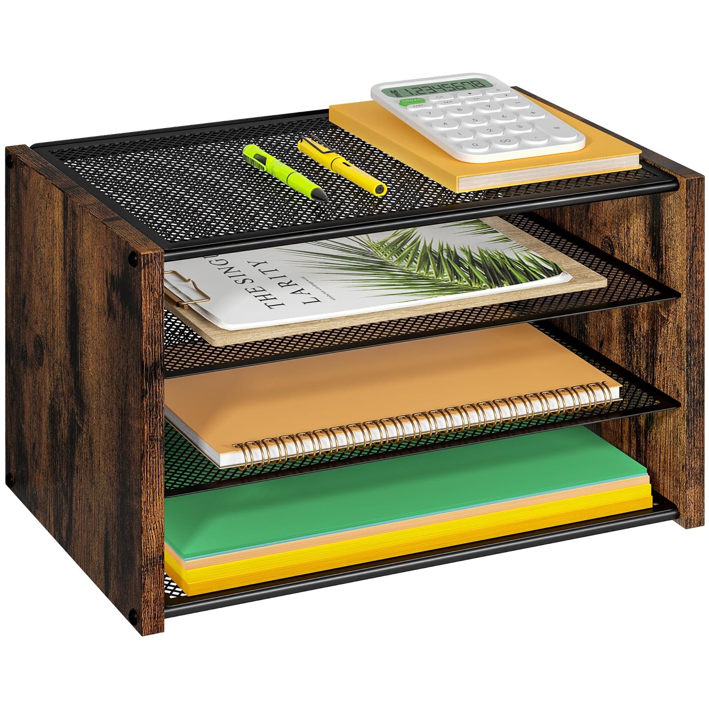 3-Tier Paper Letter Tray, Wooden Desk File Organizer, Stackable Metal Mesh Desk Organizer for Office Supplies. Small Paper Trays for Home Office School, Rustic Brown