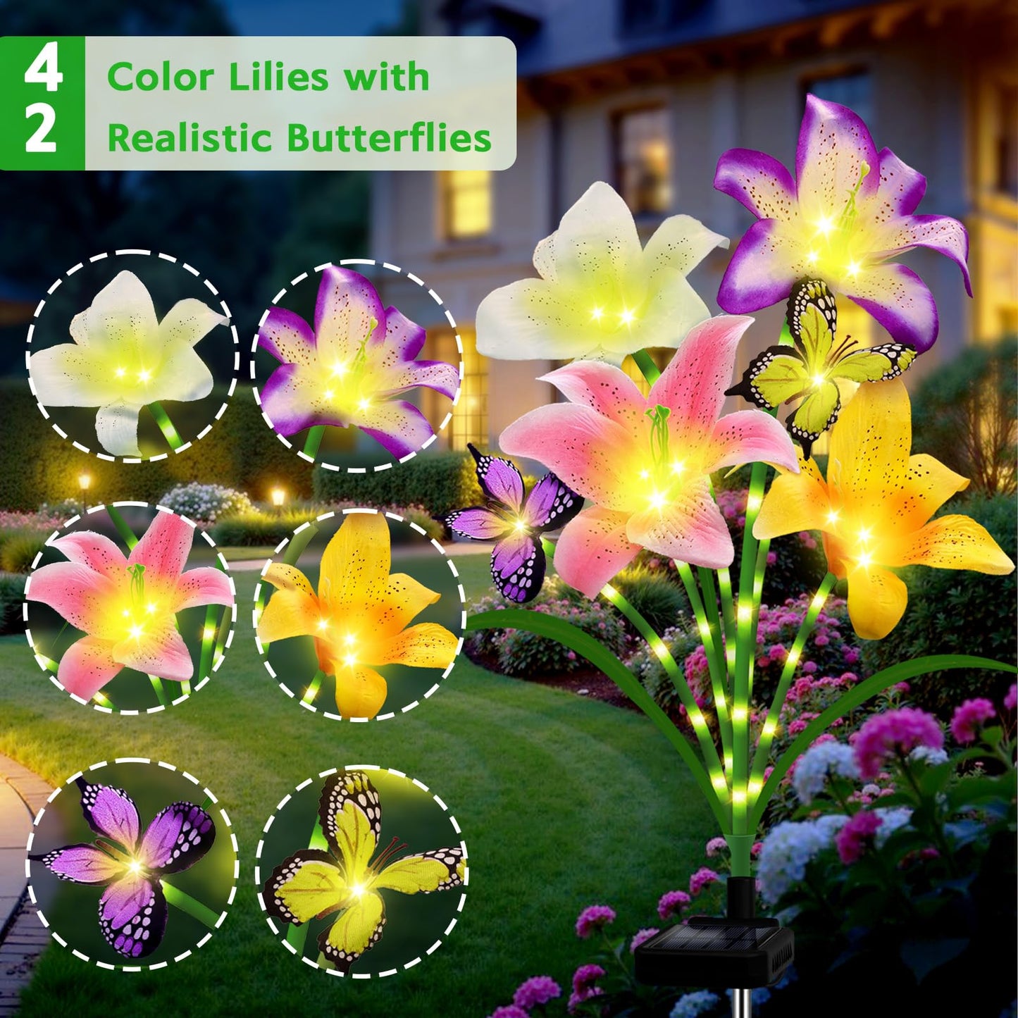 Solar Garden Lights 4 Pack 16 Lily Flowers with Butterfly Decor, Gifts for Mom Woman Mothers Day Birthday Solar Flower Lights for Outside - Decorative Lilies for Yard, Patio, Pathway