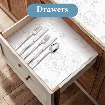 Shelf Liners for Kitchen Cabinets 12in x 20FT Non Adhesive Drawer Liner Sliver Floral Thickened Shelf Liner Paper Strong Non-Slip Easy to Clean for Tool Box Refrigerator with Knife and Tape Measure