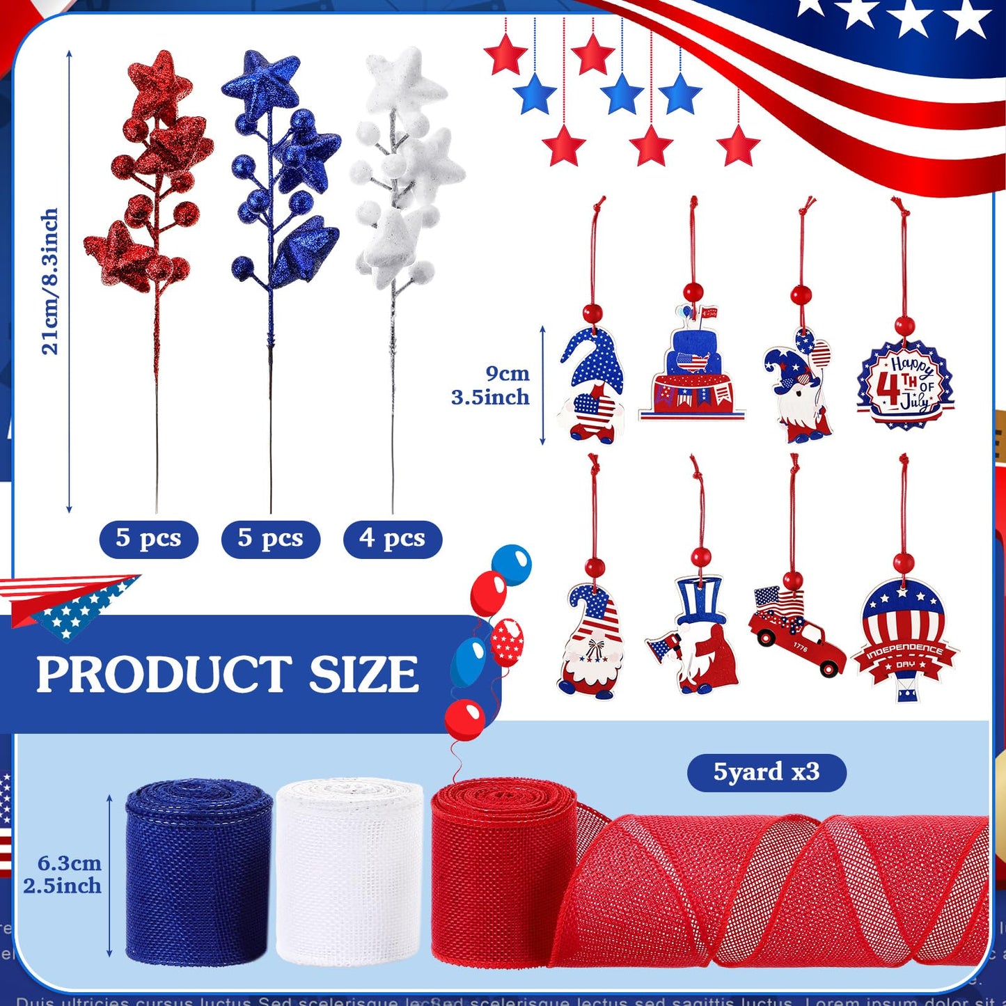 43 Pcs 4th of July Patriotic Tree Decorations Independence Day Christmas Tree Ornaments Ribbon Bow Topper Red White and Blue Hanging Ornaments for National Memorial Day Party