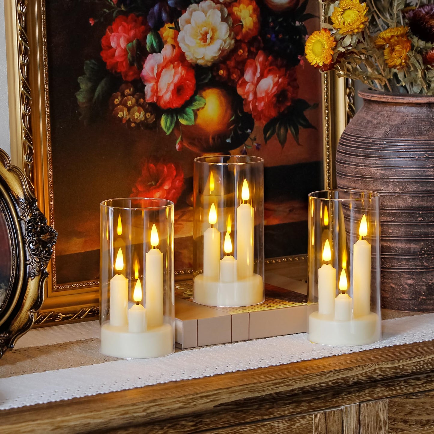 Zevanor 3 in 1 Flameless Taper Short Candles with 10 Key Remote Control and Timer, Battery Operated Pack of 2 LED Acrylic 3" x6" White Pillar Flickering Warm Light