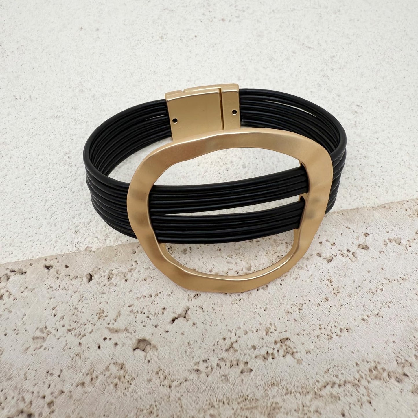YYWANGART Gold and Black Leather Bracelet Large Disk Bangle Minimalist Multi Strand Leather Wrap Bracelet for Women