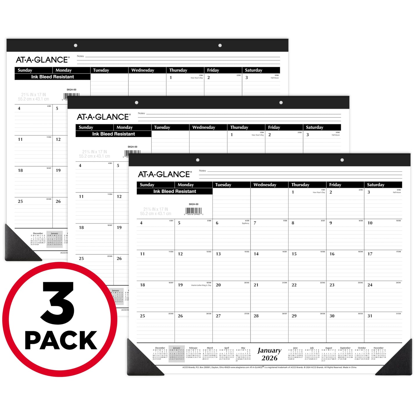 AT-A-GLANCE 2026 Desk Calendar, Desk Pad, Monthly, 21-3/4" x 17", Large, Ruled Blocks, 3 Pack (AZSK240026), White