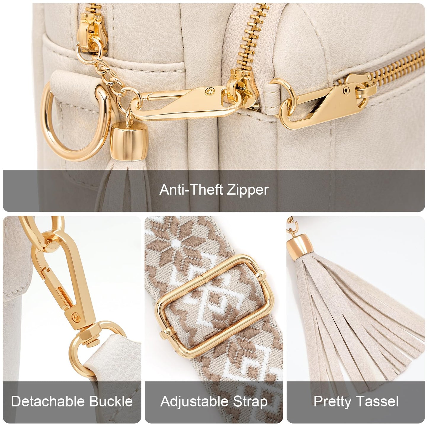 HILAEX Small Leather Crossbody Bags for Women Anti theft Purses and Handbag Shoulder Hangbag with Wide Strap Tassel Beige