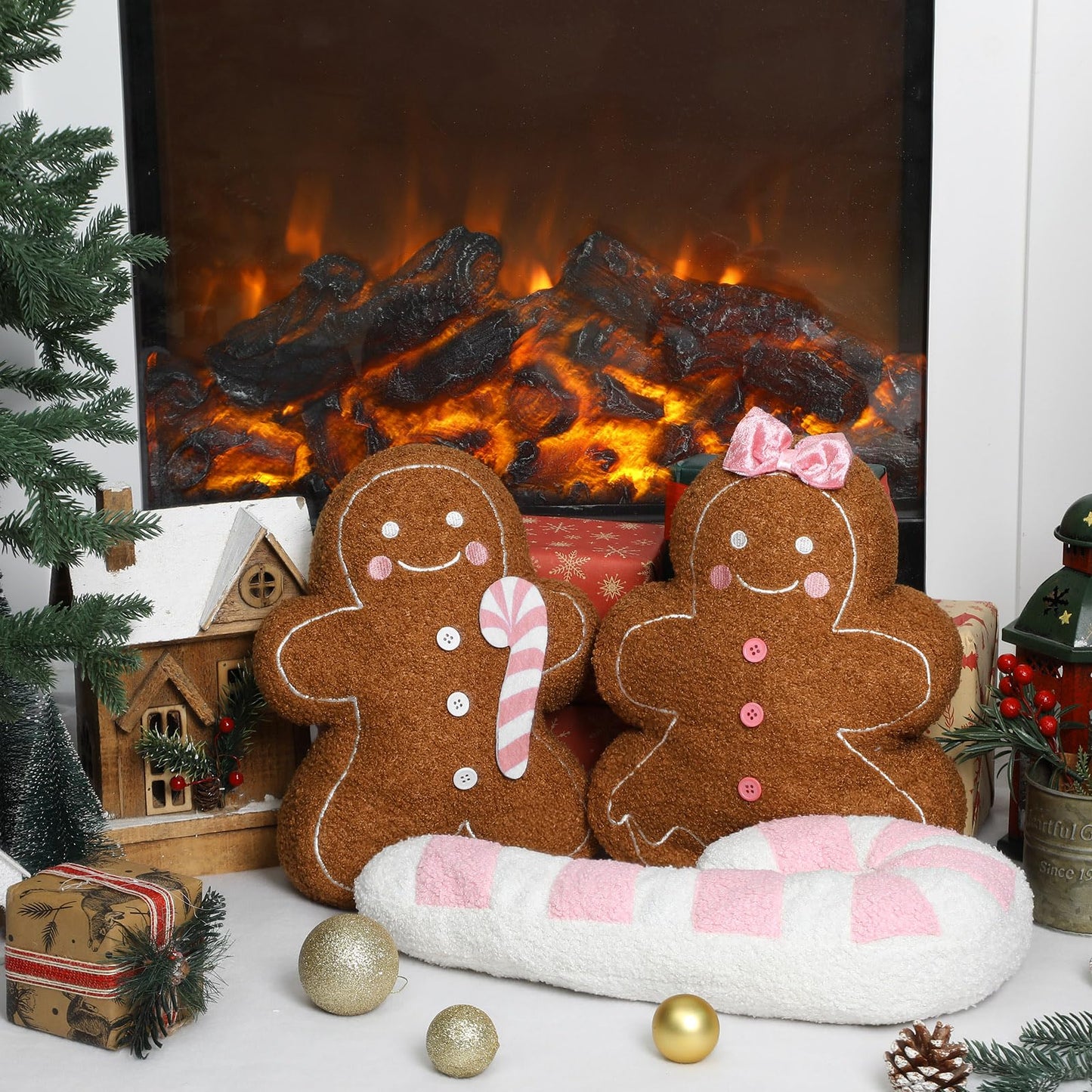 Oudain 3 Pcs Pink Christmas Gingerbread Pillows Pink Candy Cane House Man Throw Pillows Stuffed Gingerbread Shaped Pillow for Xmas Sofa Couch Cushion Bed Home Winter Party Decor