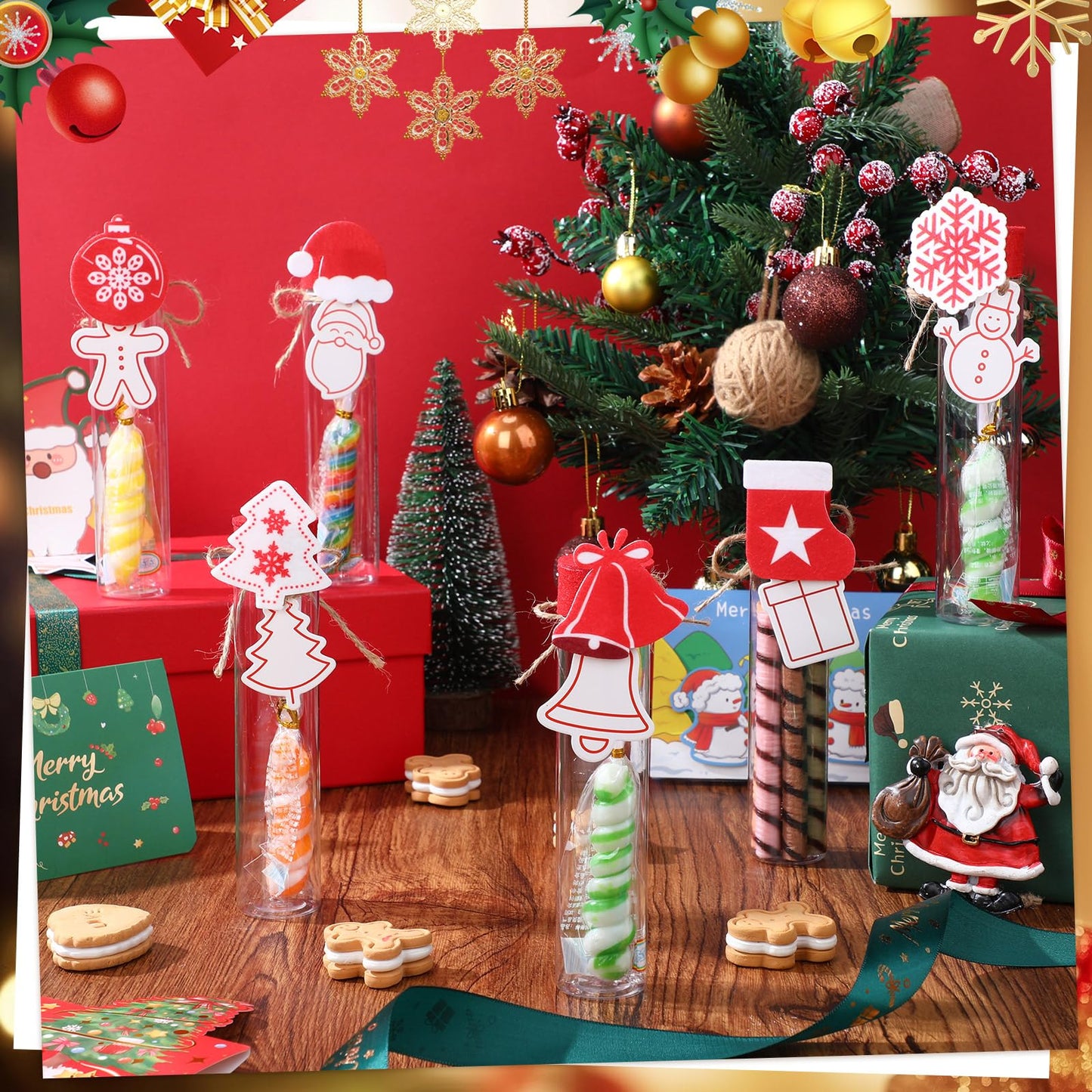 Acellegic 24 Set Christmas Candy Tubes 150 x 34 mm Plastic Test Tubes with Lids Cookie Snack Hot Chocolate Gift Container for Party Decorations Stocking Stuffers (Stylish)