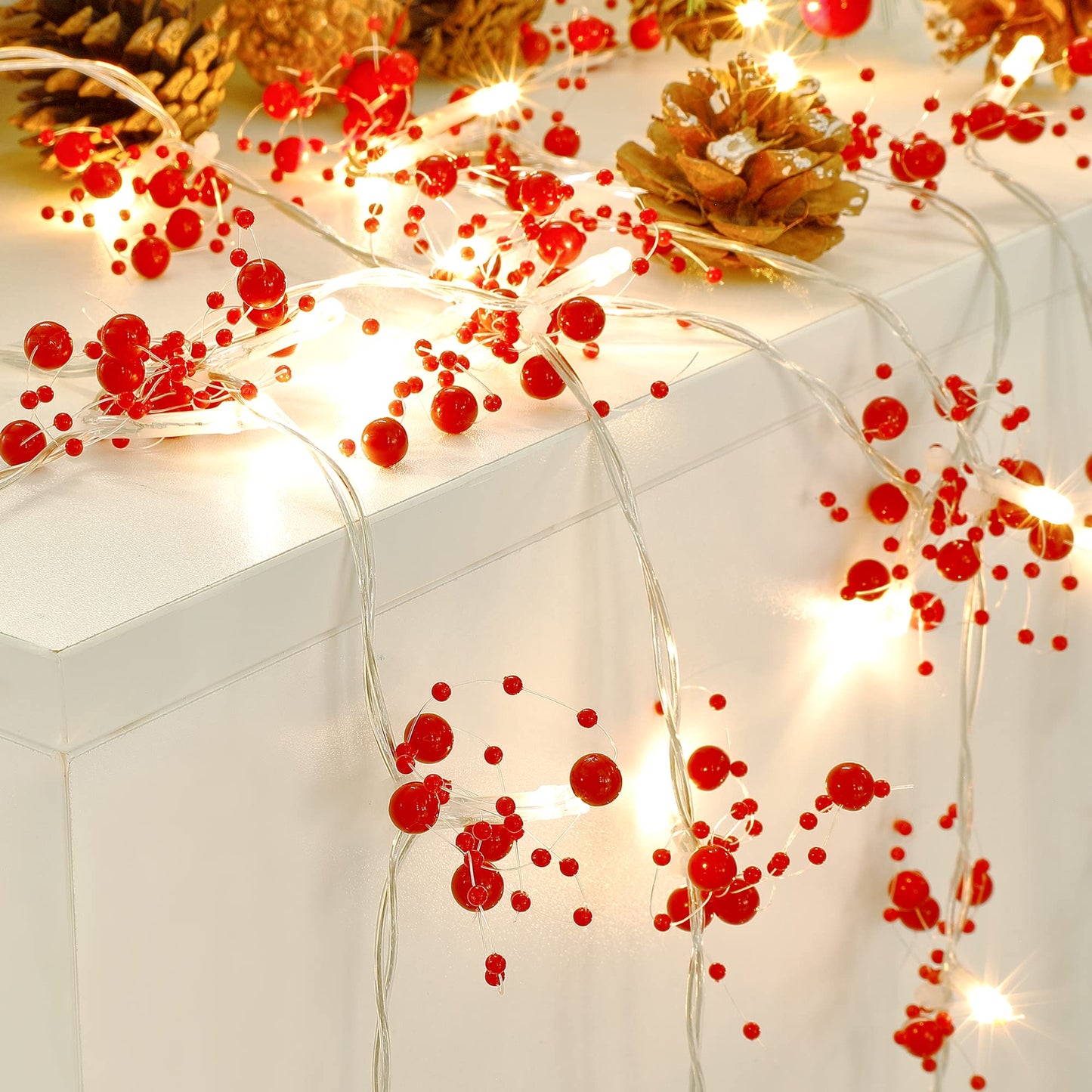 Mosoan 10FT 30 LED Christmas String Lights Battery Operated, 2 Light Modes Xmas Lighted Red Berry Garland for Christmas Tree Fireplace Decoration Indoor