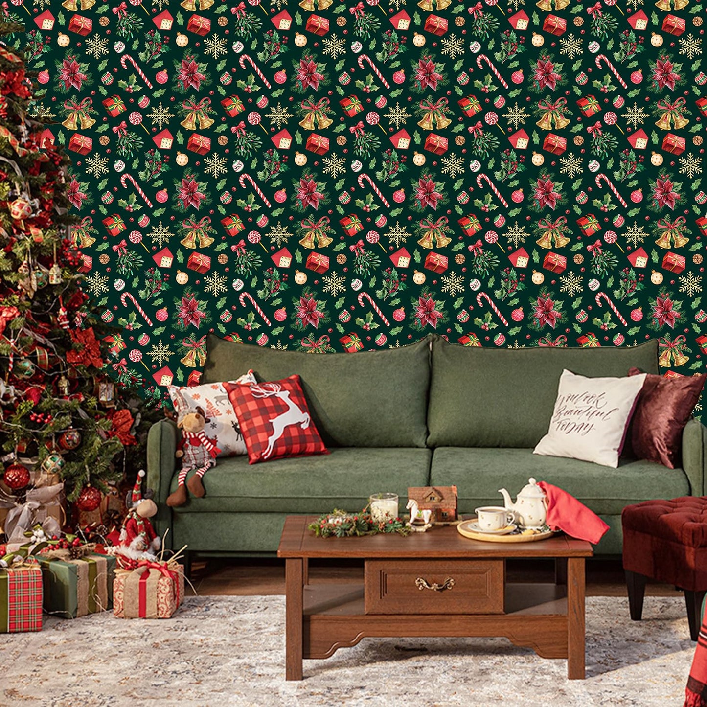 IARTTOP Merry Christmas Wallpaper Peel and Stick Xmas Holiday Poinsettia Contact Paper for Wall Cabinets Christmas Ornament Wallpaper Self-Adhesive for Winter Party Bedroom Holiday Decor(17.3"X118.1")