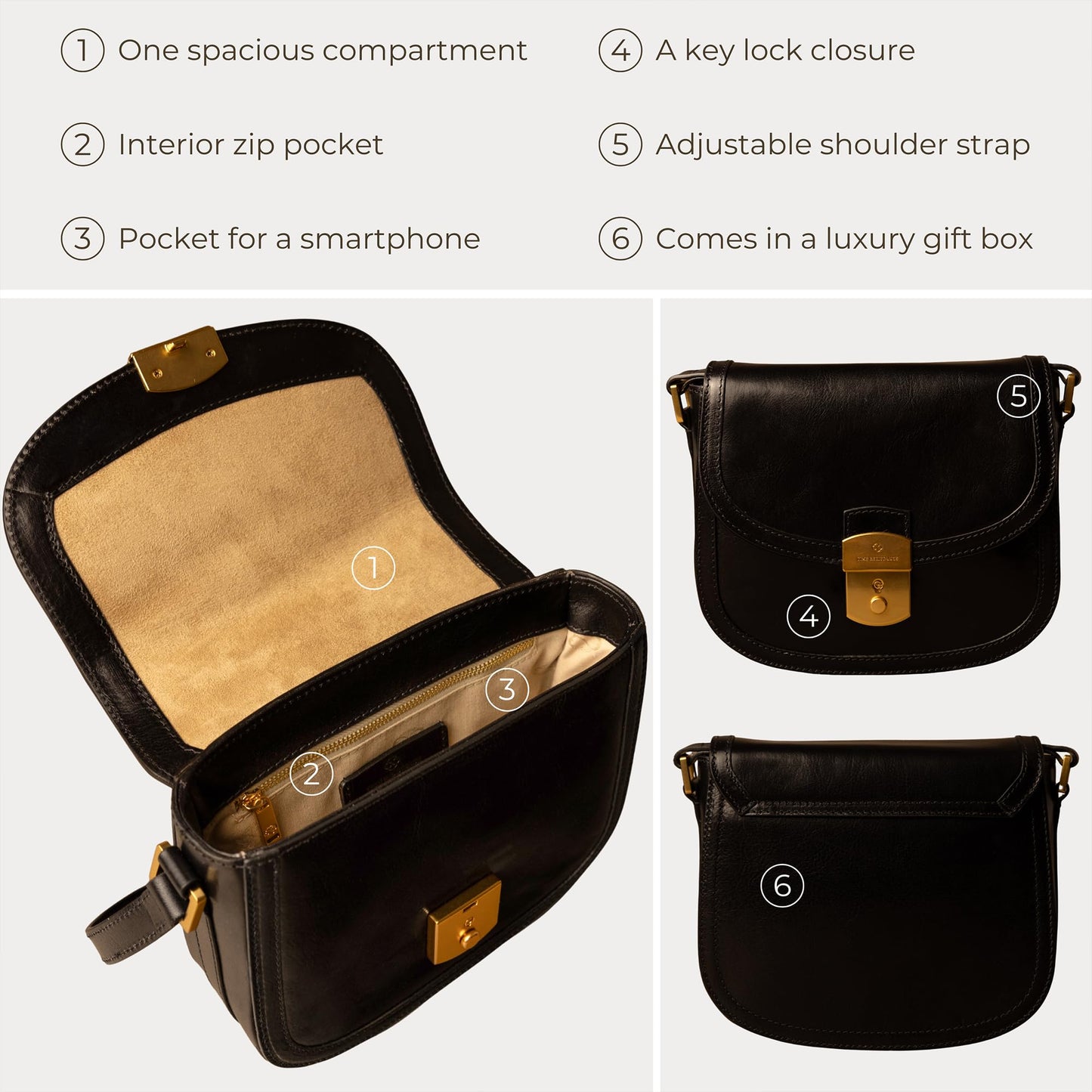 Time Resistance Leather Crossbody Bag – Saddle Bag with Magnetic Closure - Leather Messenger Bag for Women (Black)