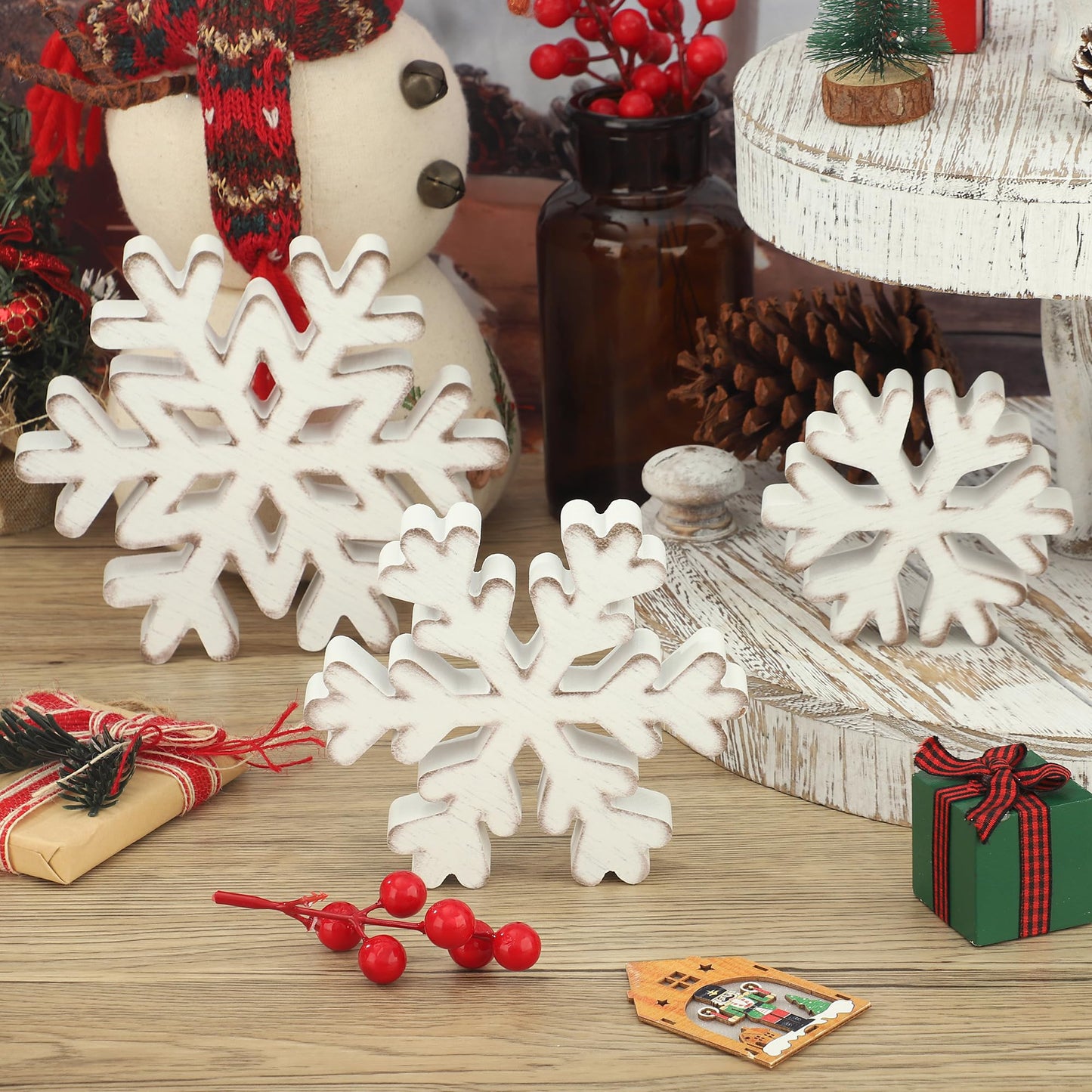 3 Pcs Winter Snowflake Wooden Table Sign Christmas Snowflake Wood Blocks Centerpiece Rustic Farmhouse White Snowflakes Tabletop Decorations for Winter Xmas Wonderland Tiered Tray Home Shelf Decor