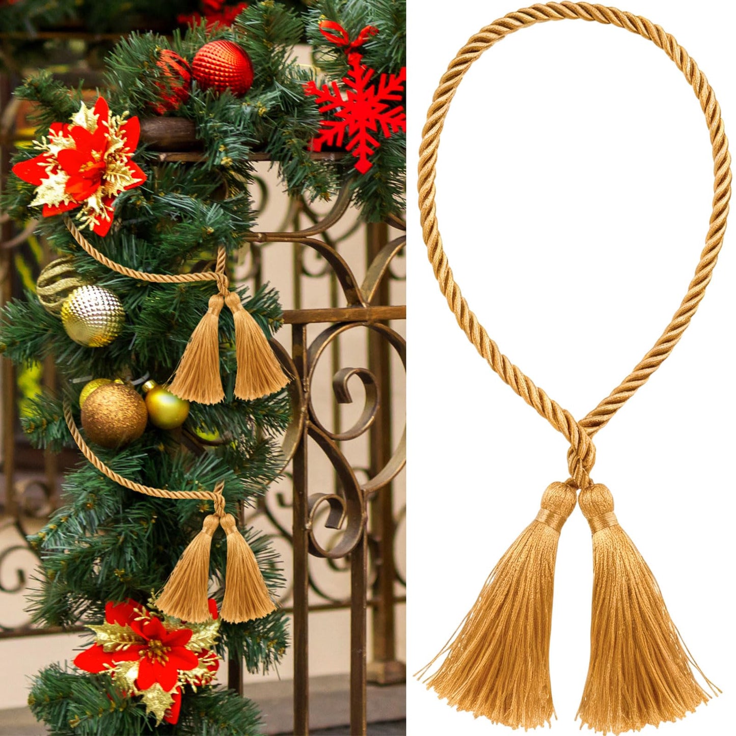 Zhengmy 15 Pcs 24 Inch Christmas Garland Ties with Tassels Decorative Twist Tie for Banister Reusable Flexible Twist Tie for Garland Fireplace Staircase Banister Home Xmas Holiday Decorations (Gold)