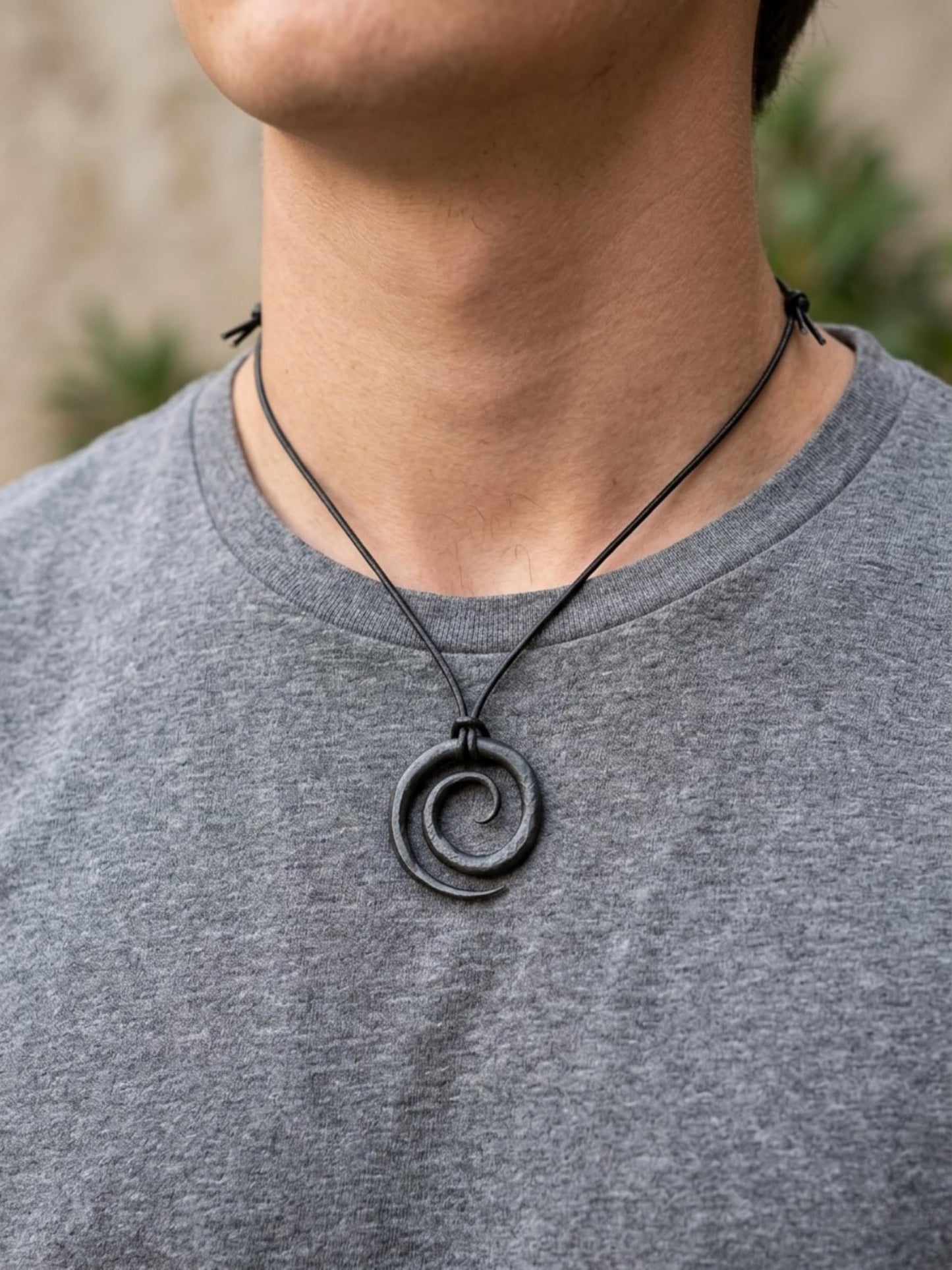 THEREALREYAZ Hand Forged Wrought Iron Celtic Spiral Necklace with Pure Leather Rope | Handmade Rustic Iron Pendant | Adjustable Cord | Unique Artisan Jewelry Gift for Men & Women