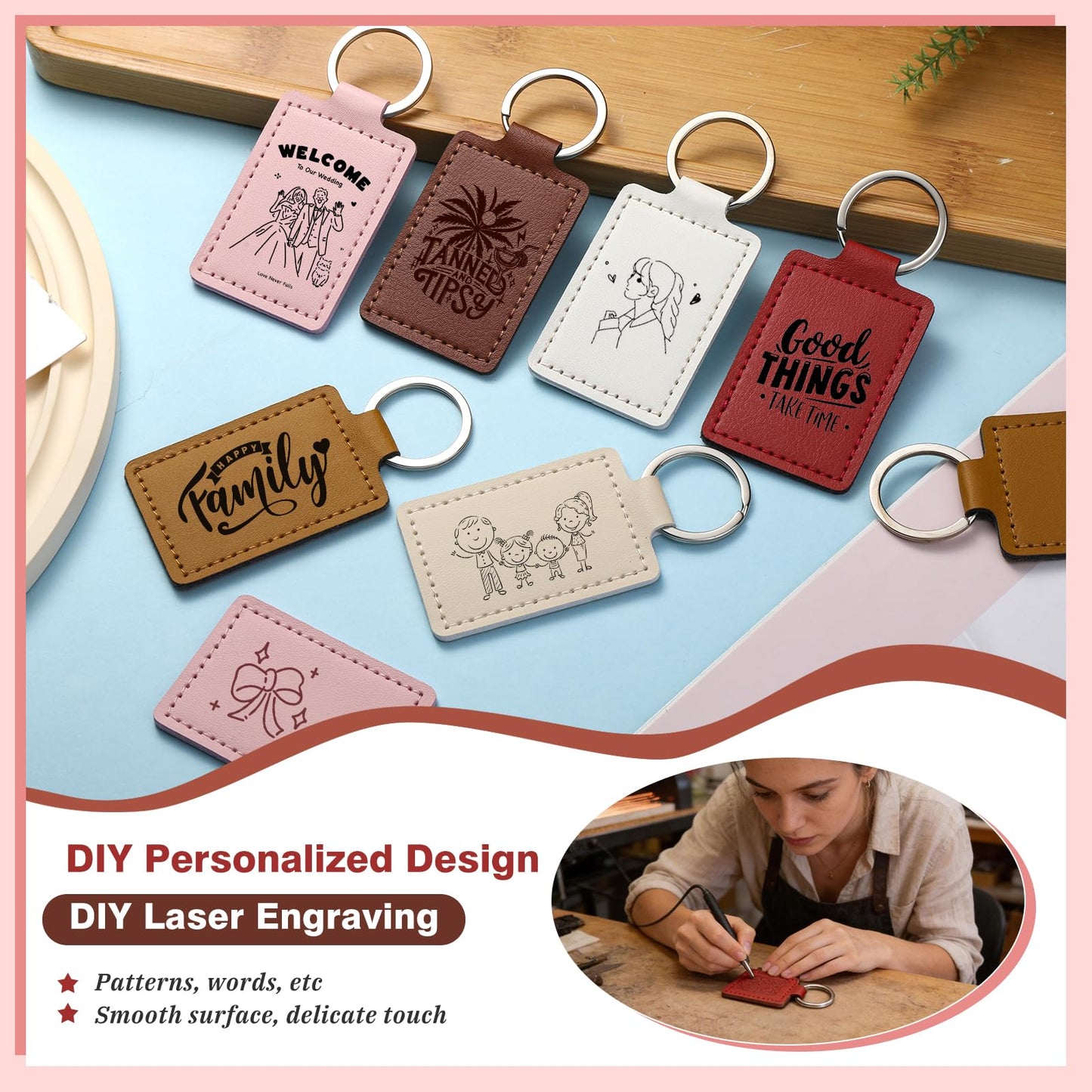 Tikjiua 30 Pcs Leather Key Fob Kit, 6 Colors Leather Keychain Blanks, Rectangular PU Key Chain Blanks with Keychain Rings for DIY Laser Engraving, Stamping Crafts Leather Working