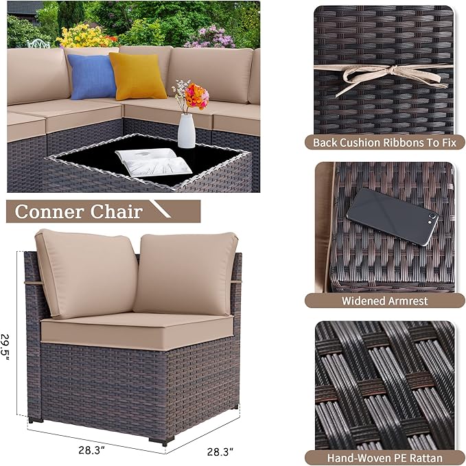 Kurapika 12 Pieces Patio Furniture Set, Rattan Wicker Outdoor Conversation Sets w/4 Inch Cushion and Glass Coffee Table(Sand)