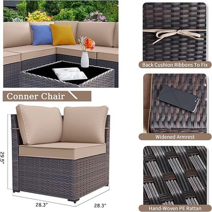 Kurapika 7 Pieces Patio Furniture Set, Rattan Outdoor Conversation Sets w/43in Propane Fire Pit Table and 4 Inch Cushion(Sand)