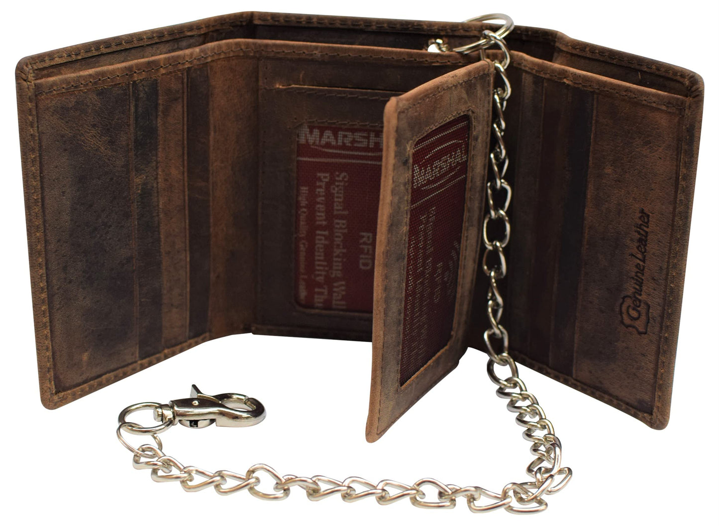 RFID Blocking Mens Chain Biker Vintage Genuine Leather Classic Trifold Wallet (Brown with Chain)