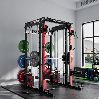 RitFit M2 Smith Machine with Cable Crossover System, 3D Functional Trainer & Power Cage, 16 Adjustment Holes, 6 Storage Pegs for Full-Body Home Gym(M2 PRO-3D Red with BP340)