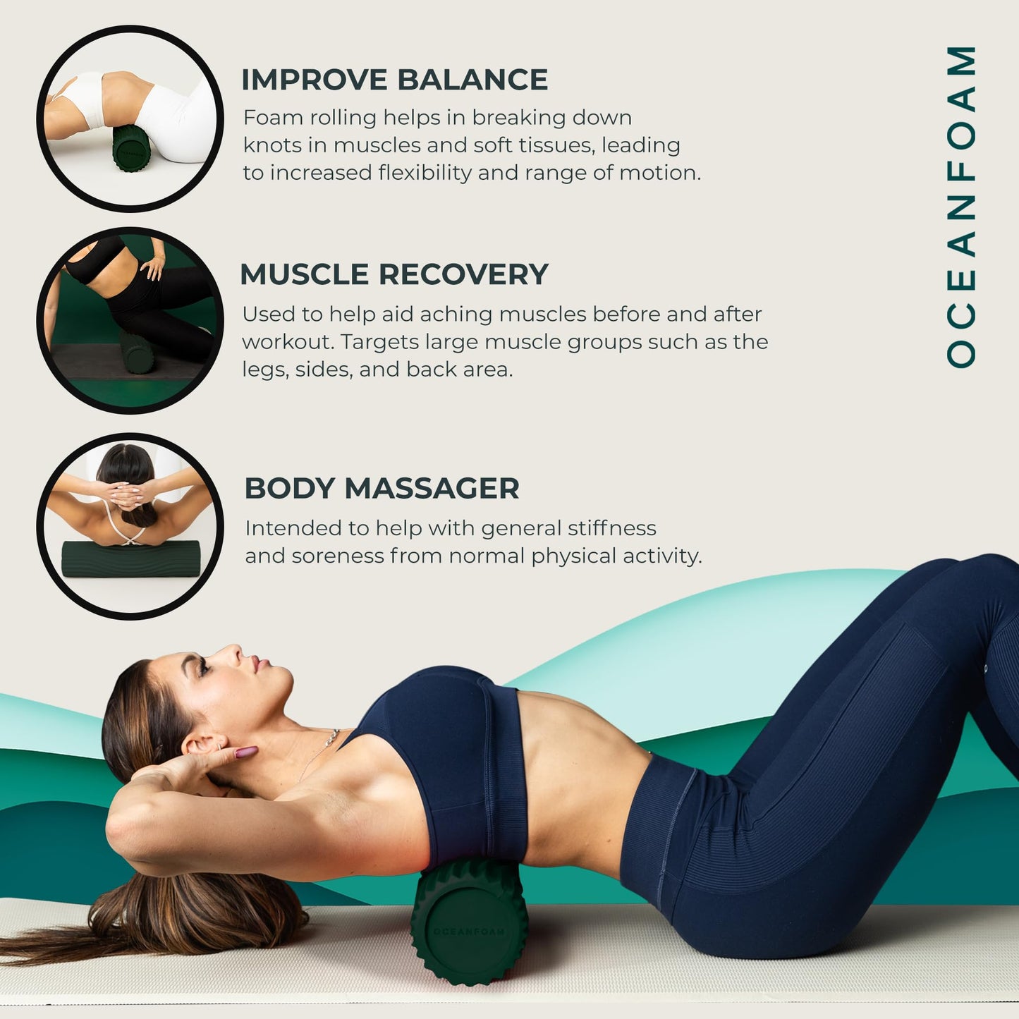 Oceanfoam Tidal Roller - Black Marbled - Muscle Massage Foam Roller for Back Pain & Stretching - Firm and Ergonomic Wide Wave Textured - Yoga, Athletics, & Wellness - Full Size, 20" x 5"