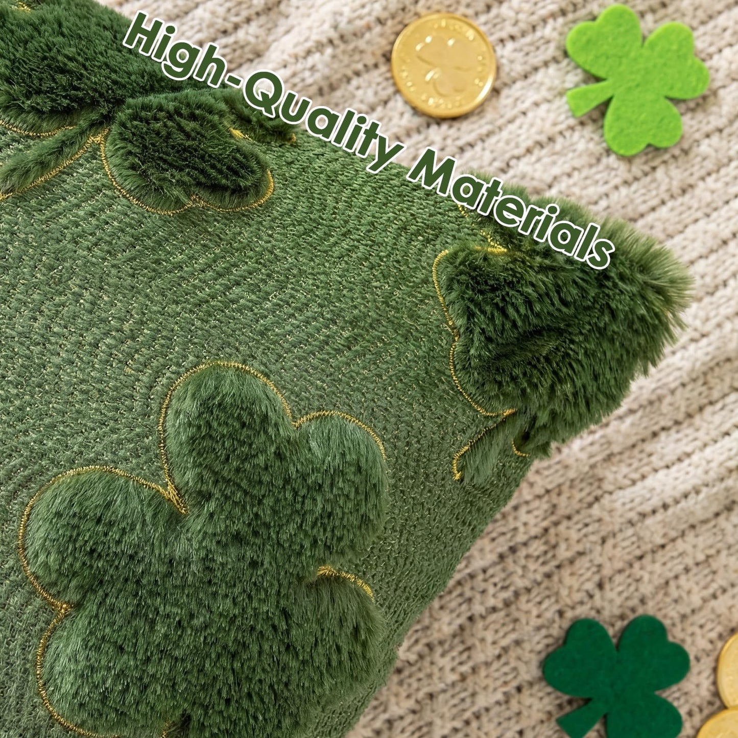 Emvency St Patricks Day Throw Pillow Covers 18x18 Set of 2, Sage Green Shamrock Golden Decorative Pillow Cases Soft Plush Faux Fur Wool Couch Cushion Case for Couch Bed Sofa Living Room Home Decor